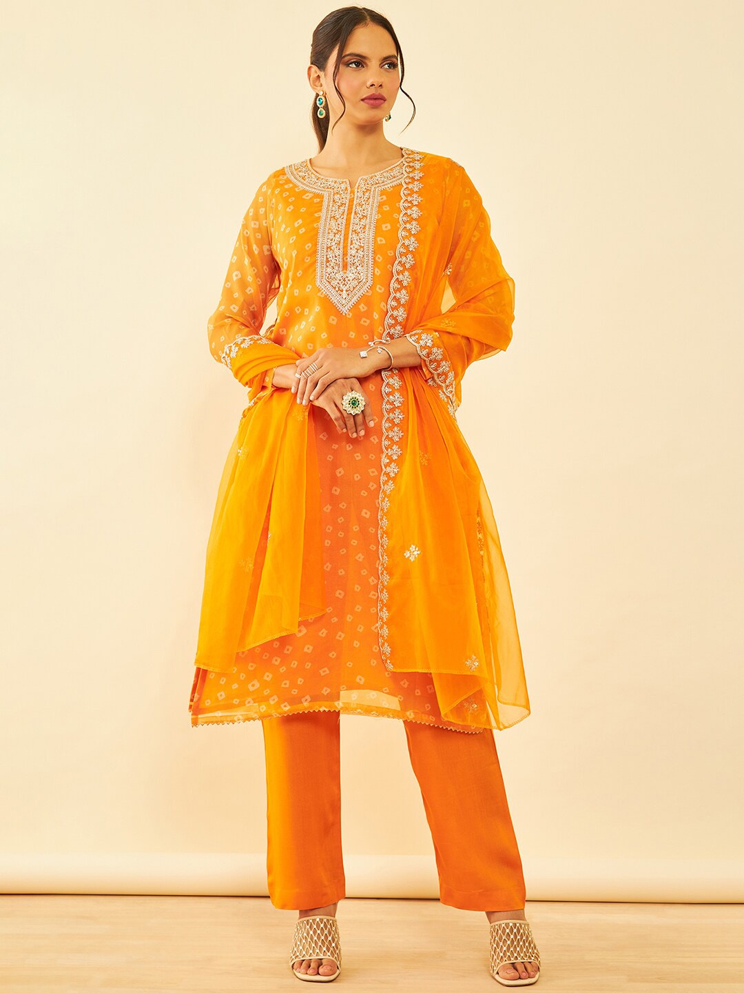 

Soch Bandhani Printed Organza Unstitched Dress Material, Orange