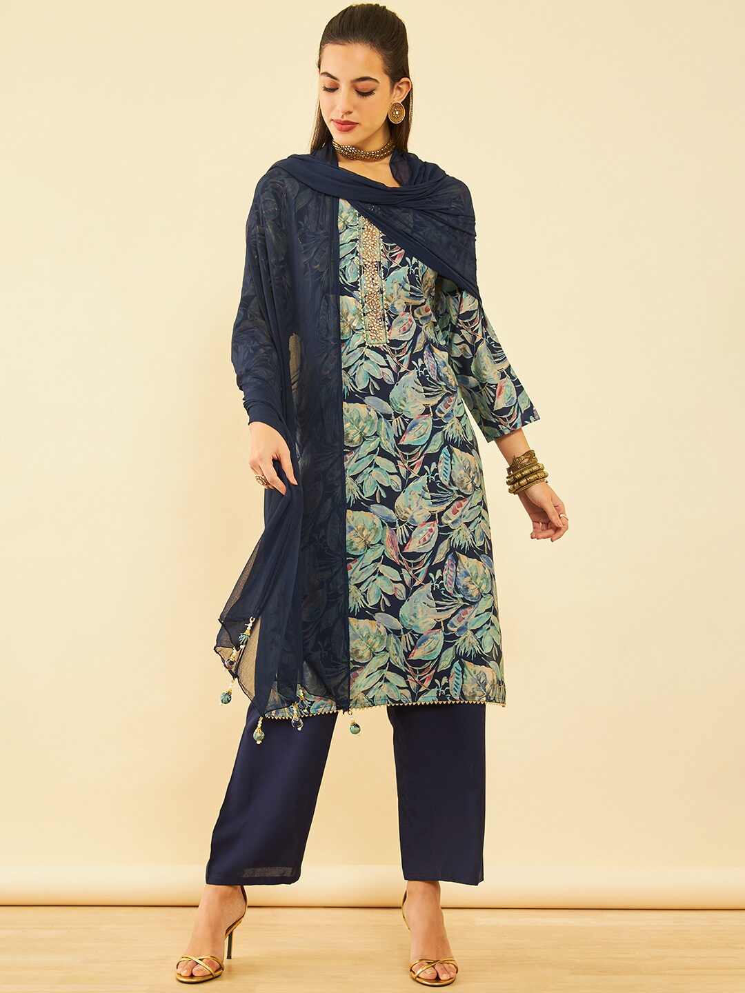 

Soch Floral Printed Unstitched Dress Material, Navy blue