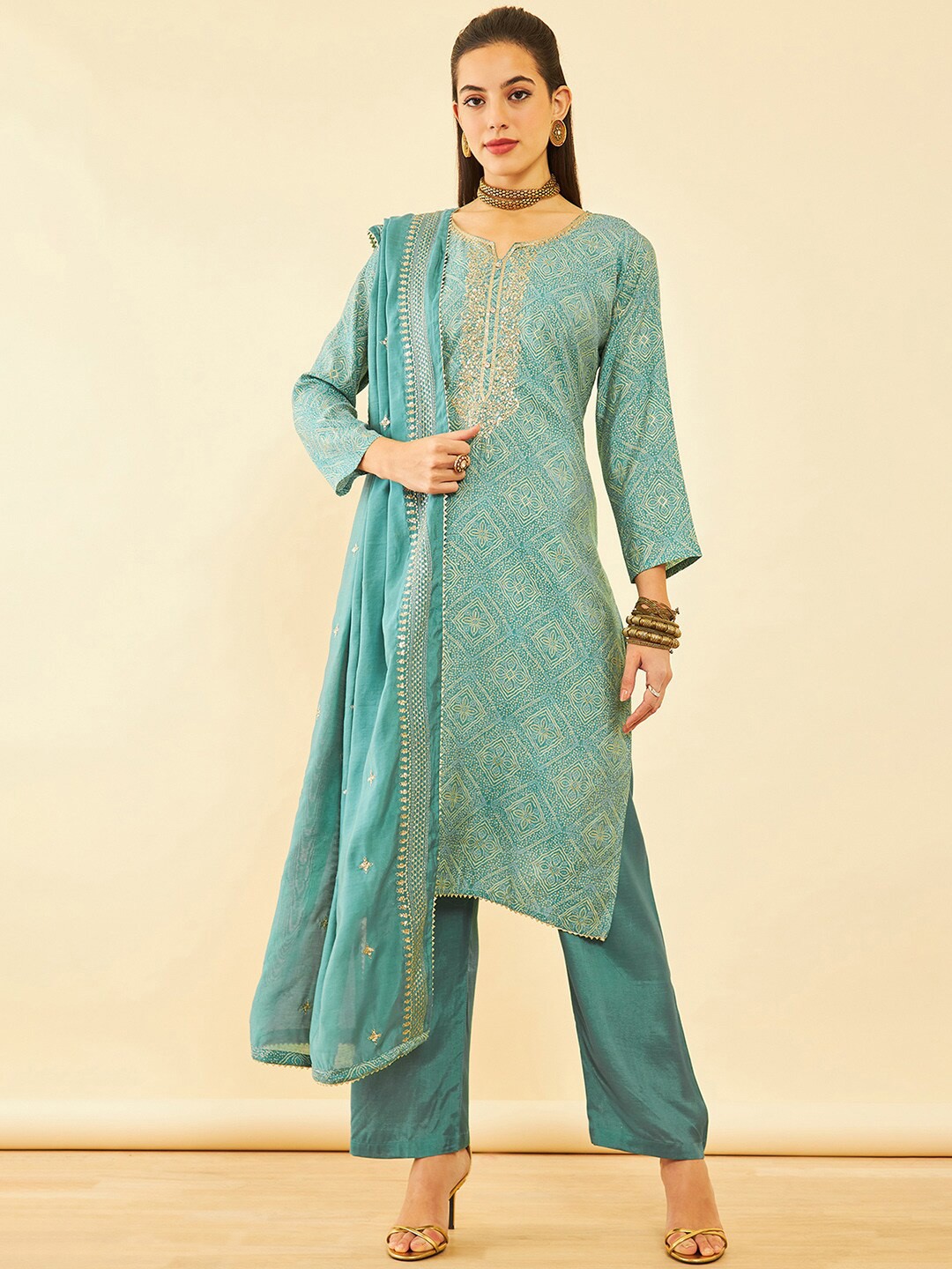 

Soch Bandhani Printed Unstitched Dress Material, Teal