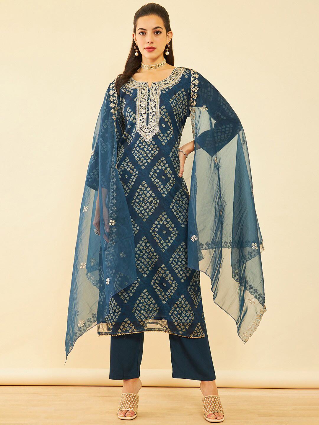 

Soch Bandhani Printed Unstitched Dress Material, Navy blue