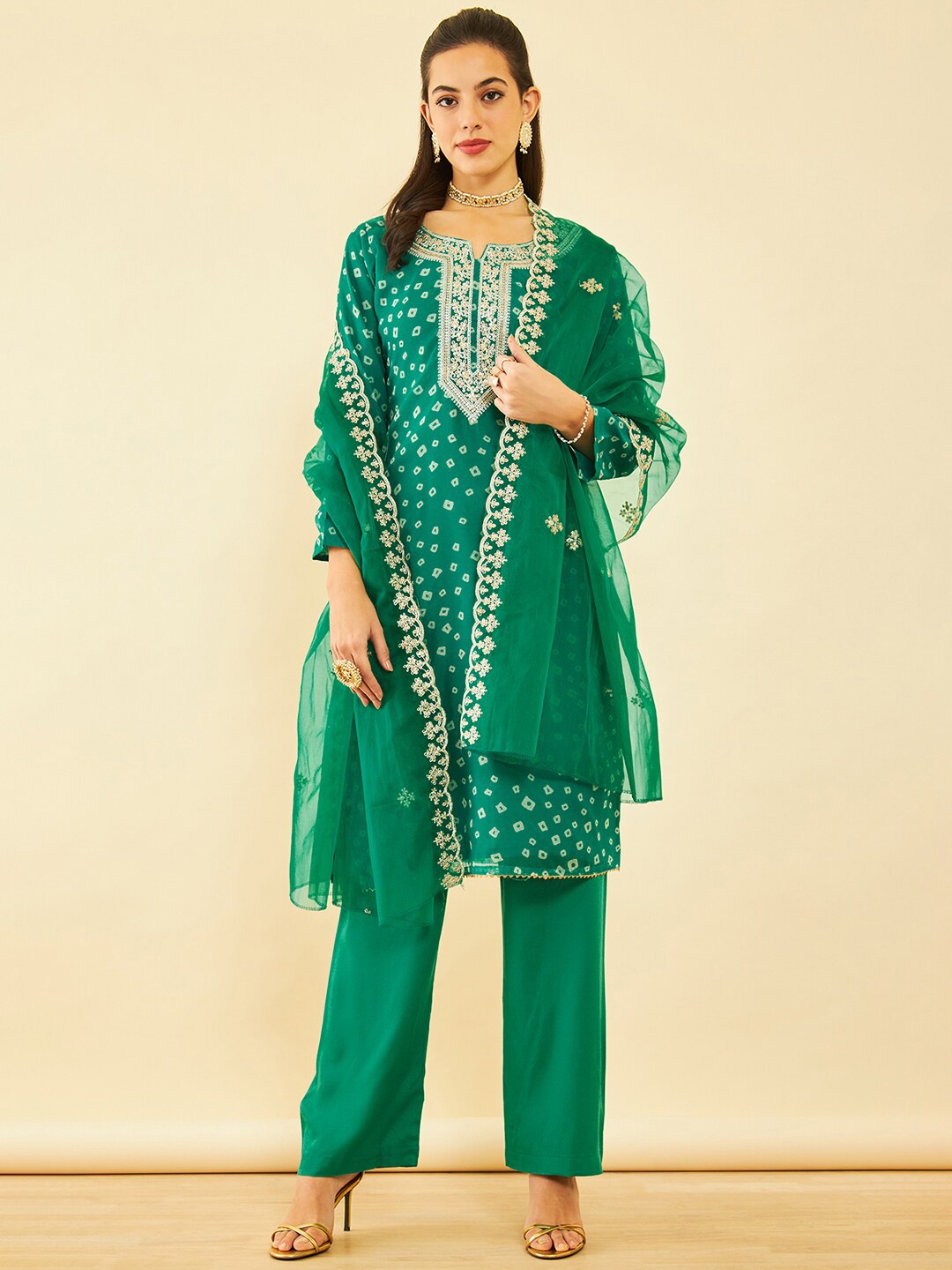 

Soch Geometric Printed Organza Unstitched Dress Material, Green
