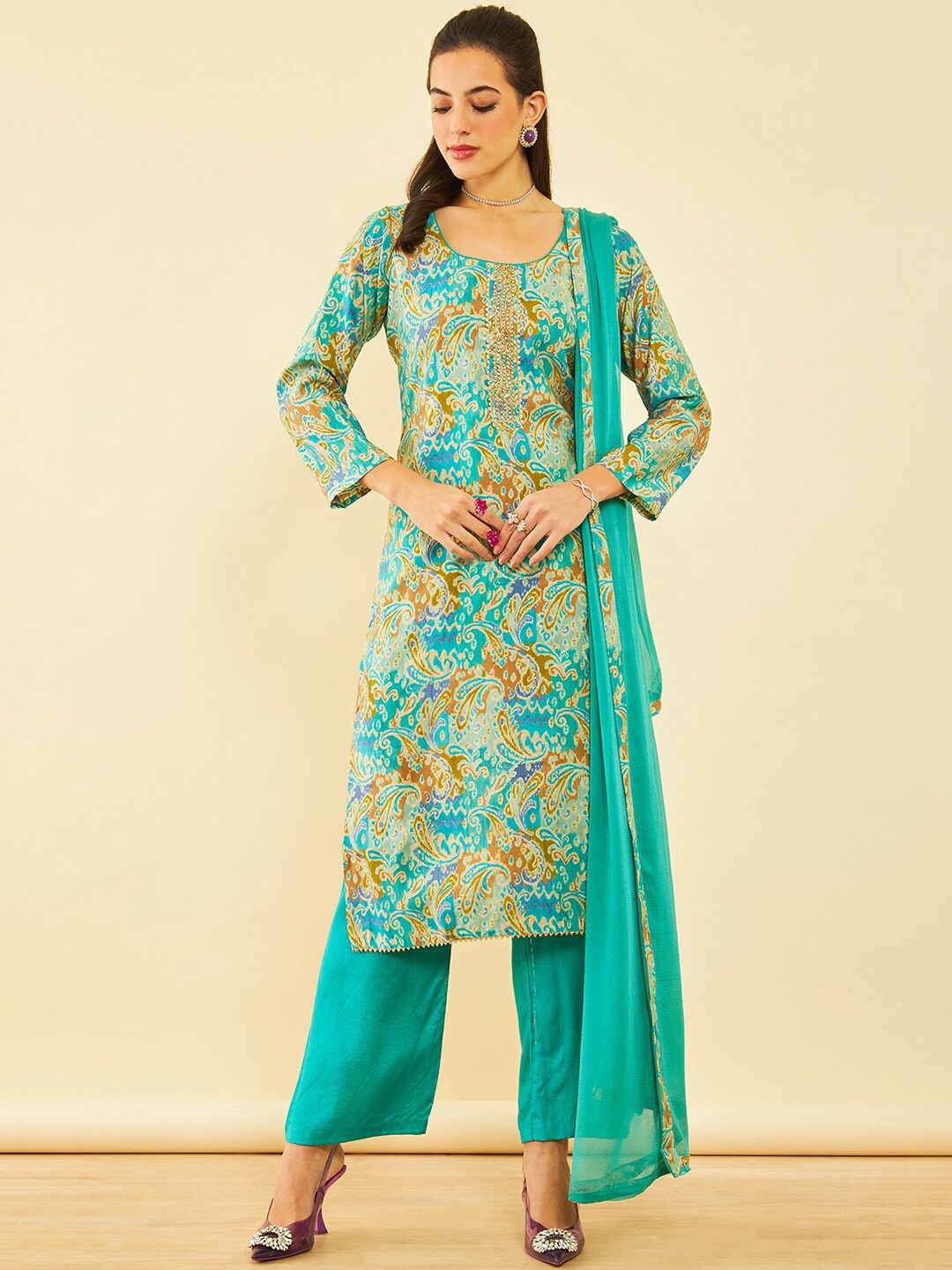

Soch Floral Printed Pure Cotton Unstitched Dress Material, Blue