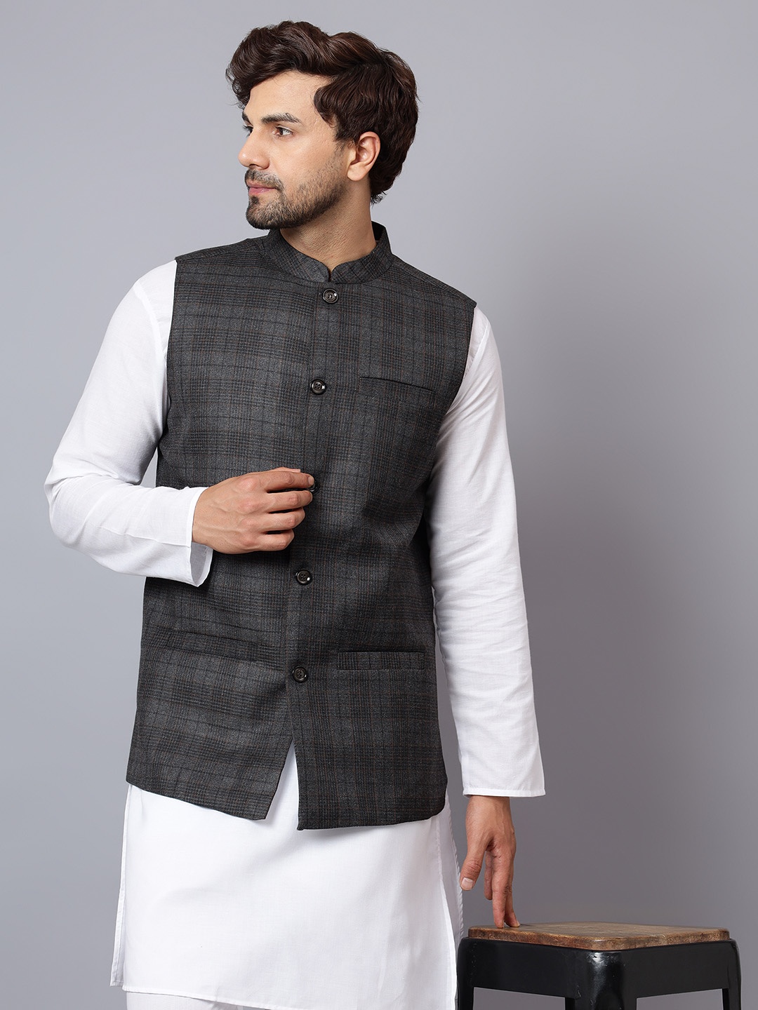 

Latest Chikan Garments Checked Woven Nehru Jacket, Grey