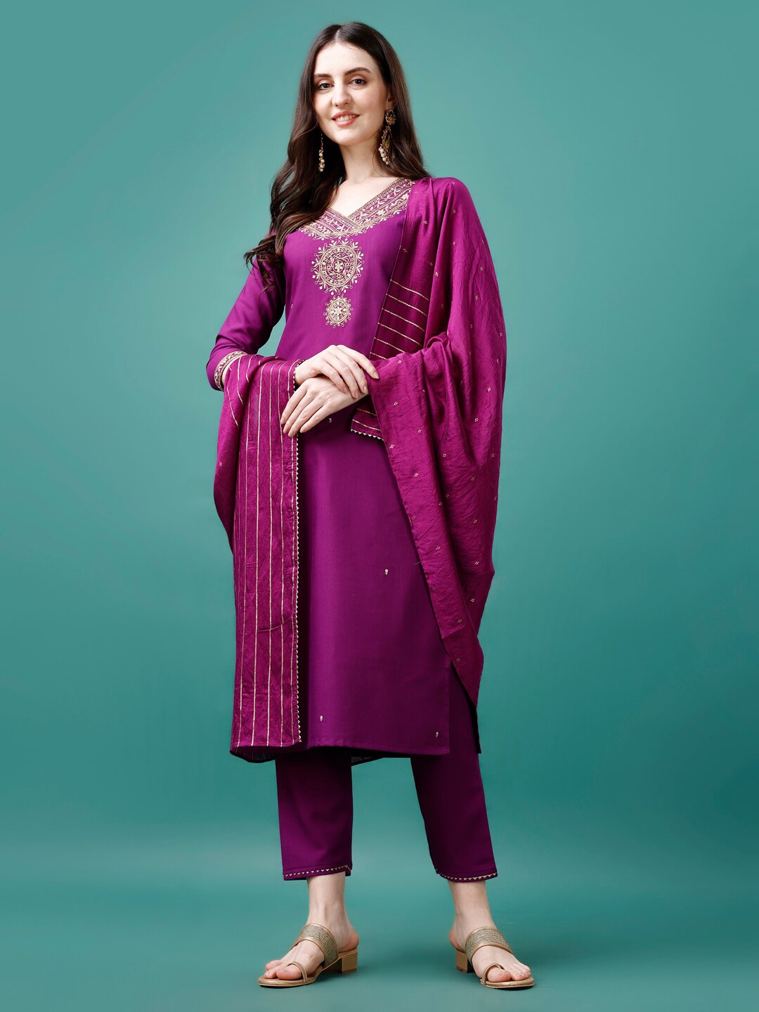 

KALINI Embroidered V Neck Straight Kurta & Trousers With Dupatta, Purple