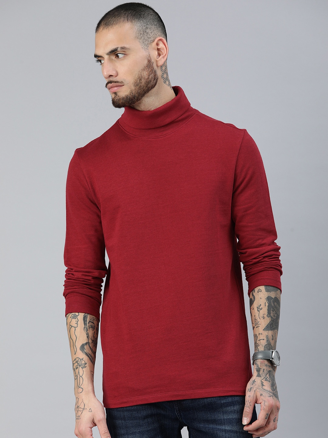 

Huetrap Men Solid Turtle Neck Slim Fit Sweatshirt, Maroon
