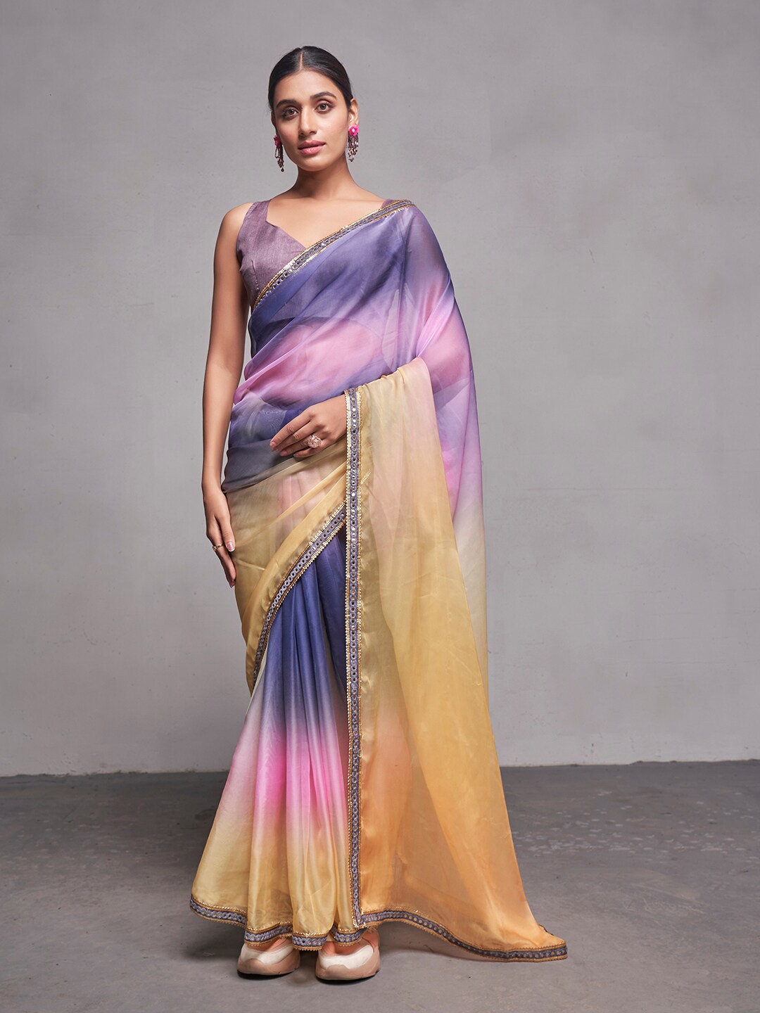 

Kalista Ombre Dyed Organza Saree with Lace Border, Purple