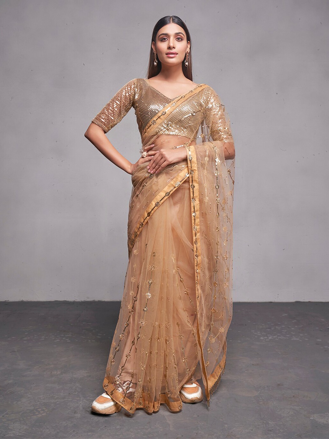 

Kalista Sequin Embellished Net Saree, Gold