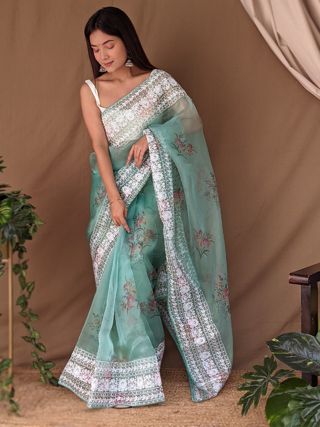 

Kalista Floral Embroidered Embellished Organza Saree, Blue