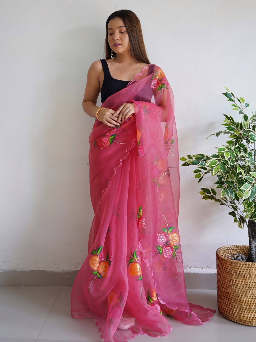 

Kalista Floral Organza Saree, Pink