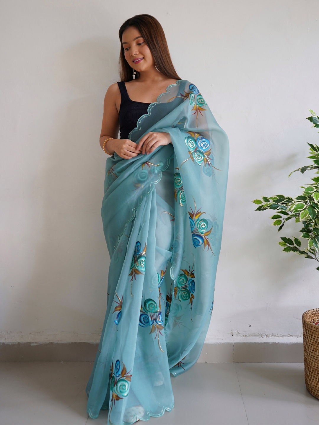 

Kalista Floral Printed Sequinned Organza Saree, Blue