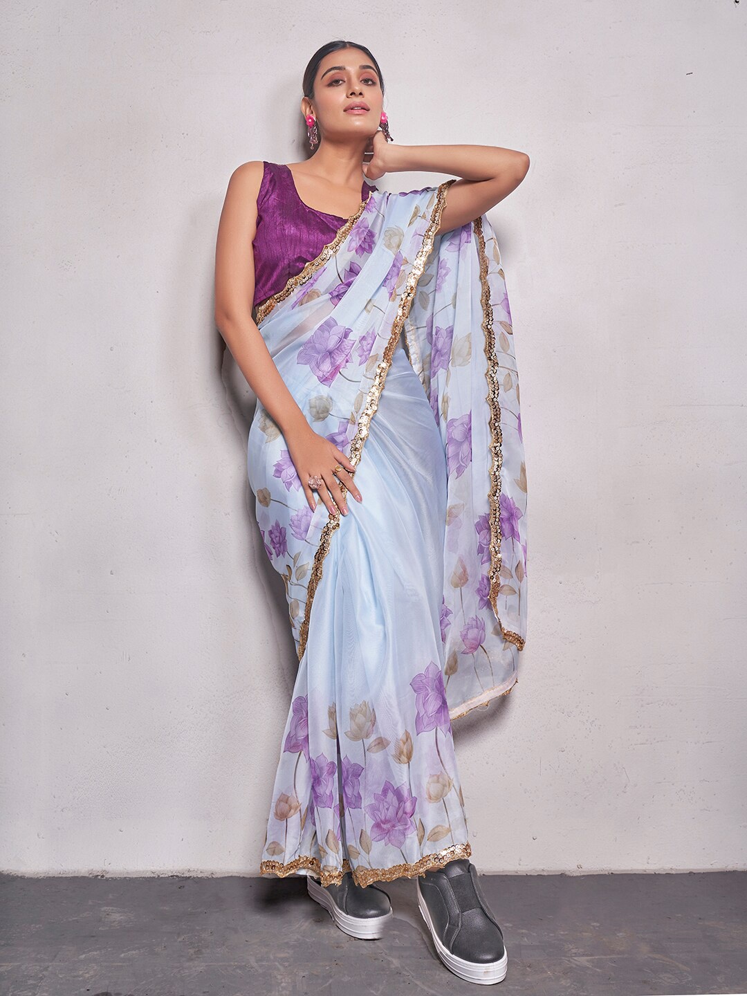 

Kalista Floral Printed Embroidered Organza Saree, Blue
