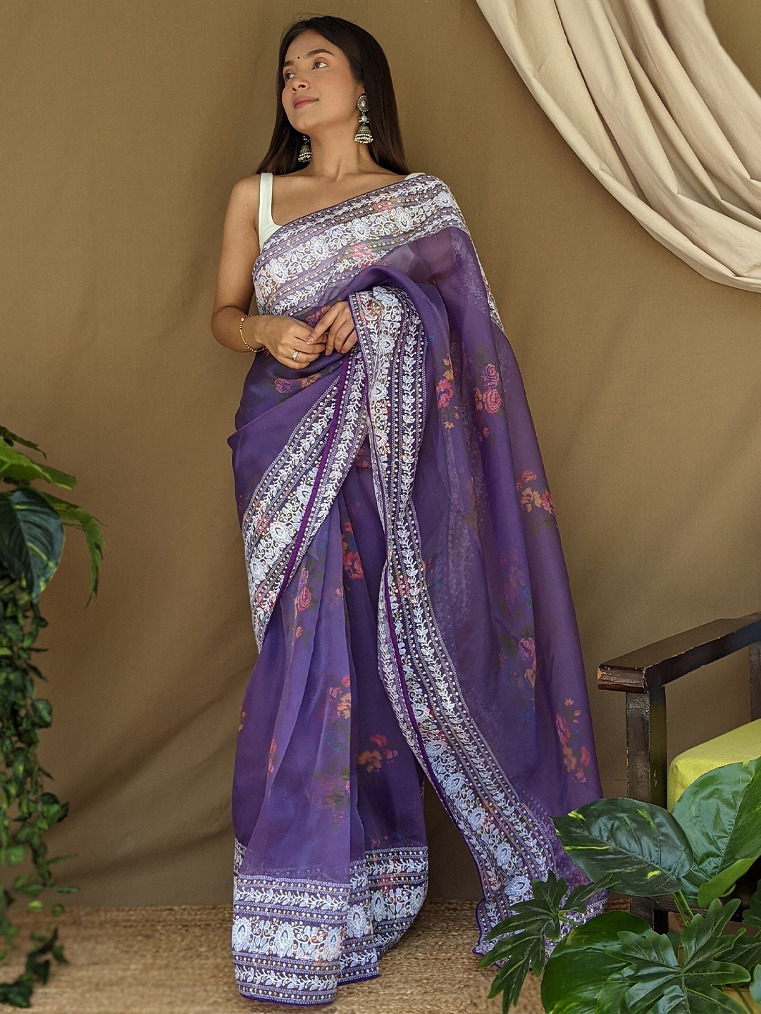 

Kalista Floral Printed Embroidered Organza Saree, Purple