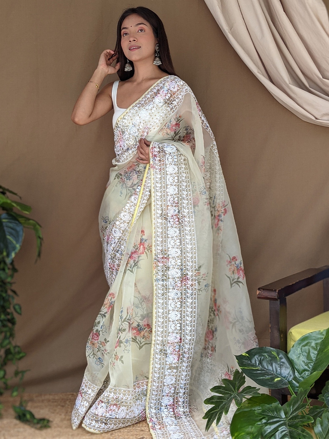 

Kalista Floral Embroidered Embellished Organza Saree, Yellow