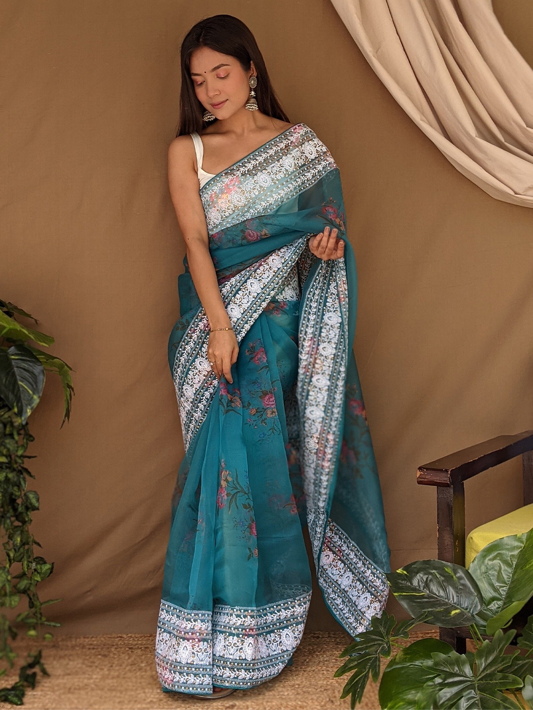 

Kalista Floral Embroidered Organza Saree, Teal