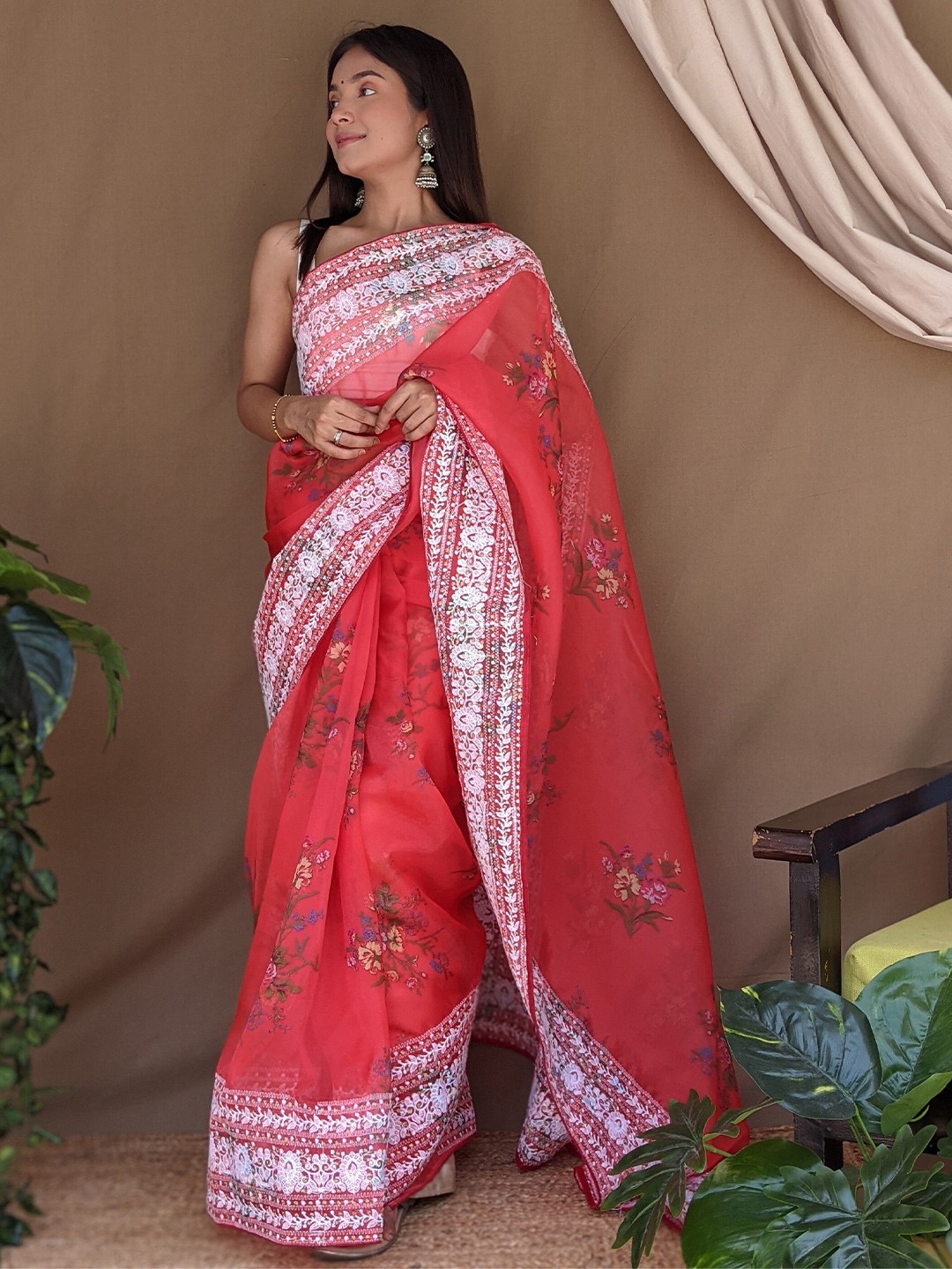 

Kalista Floral Embroidered Organza Saree, Red
