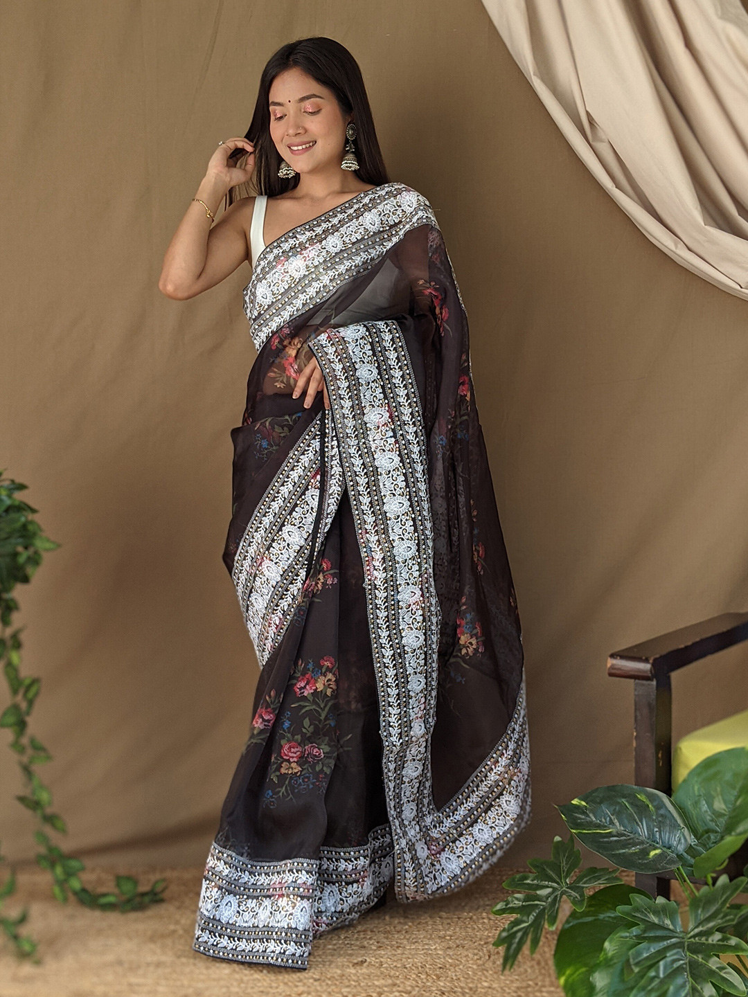 

Kalista Floral Embroidered Embellished Organza Saree, Navy blue