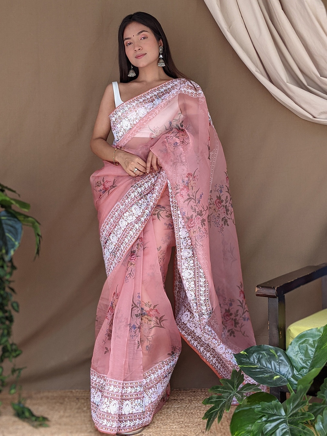

Kalista Floral Embroidered Organza Saree, Peach