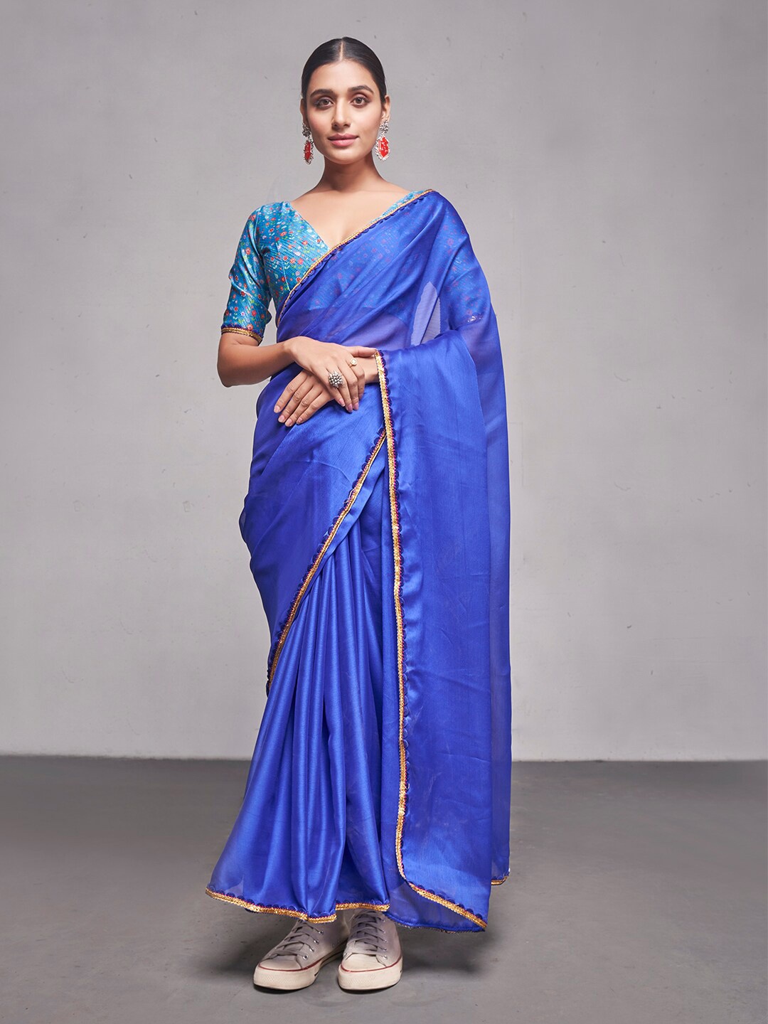 

Kalista Georgette Saree with Printed Blouse with Lace Border, Blue