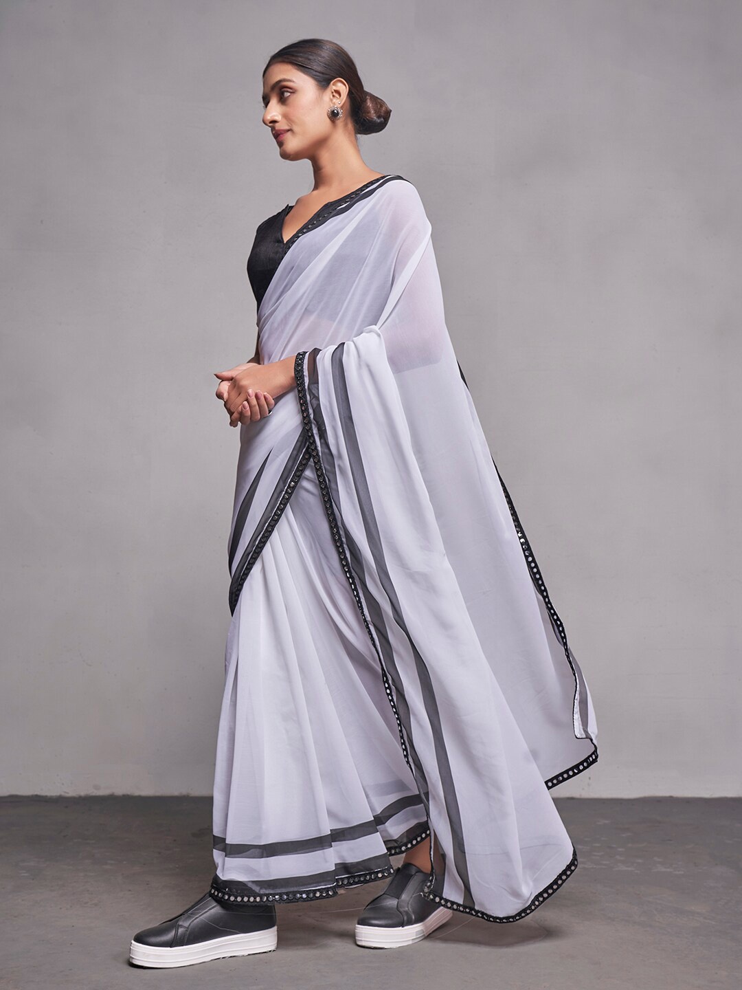 

Kalista Striped Pure Georgette Mirror Work Lace Border Saree, White