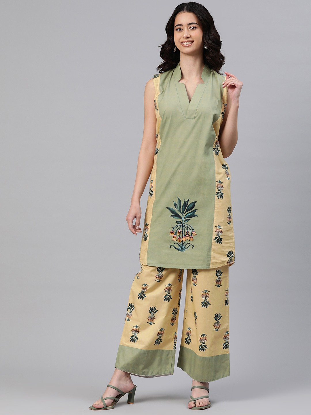

BUTA BUTI Floral Printed Regular Pure Cotton Kurta with Palazzos, Olive