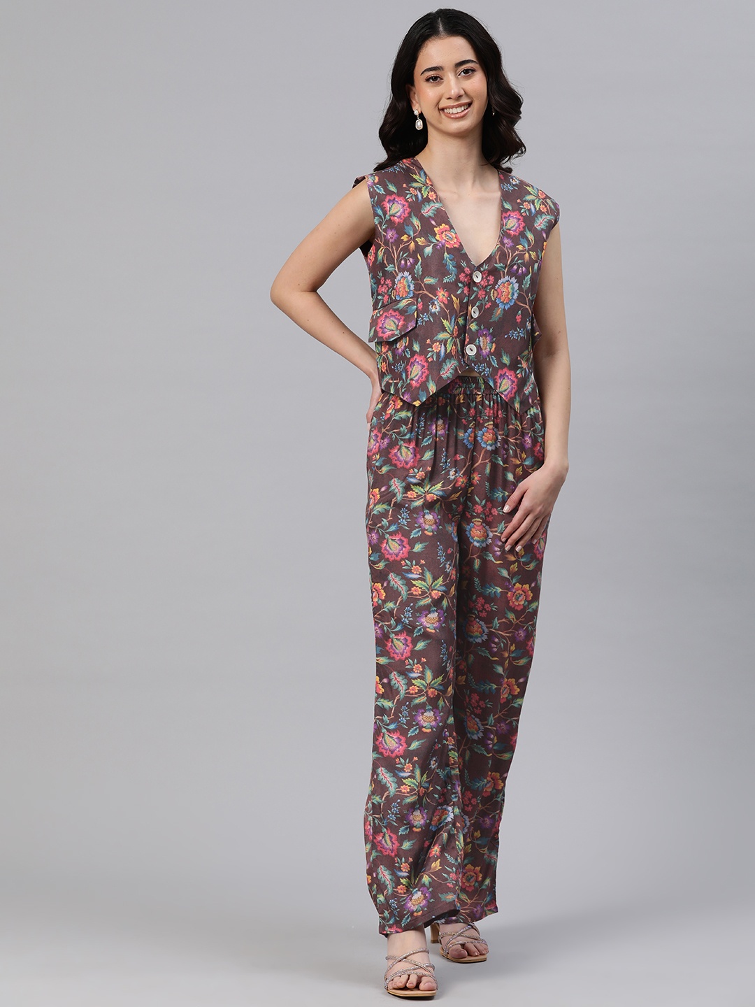 

BUTA BUTI Floral Printed Pure Cotton Waistcoat Top with Trousers, Brown