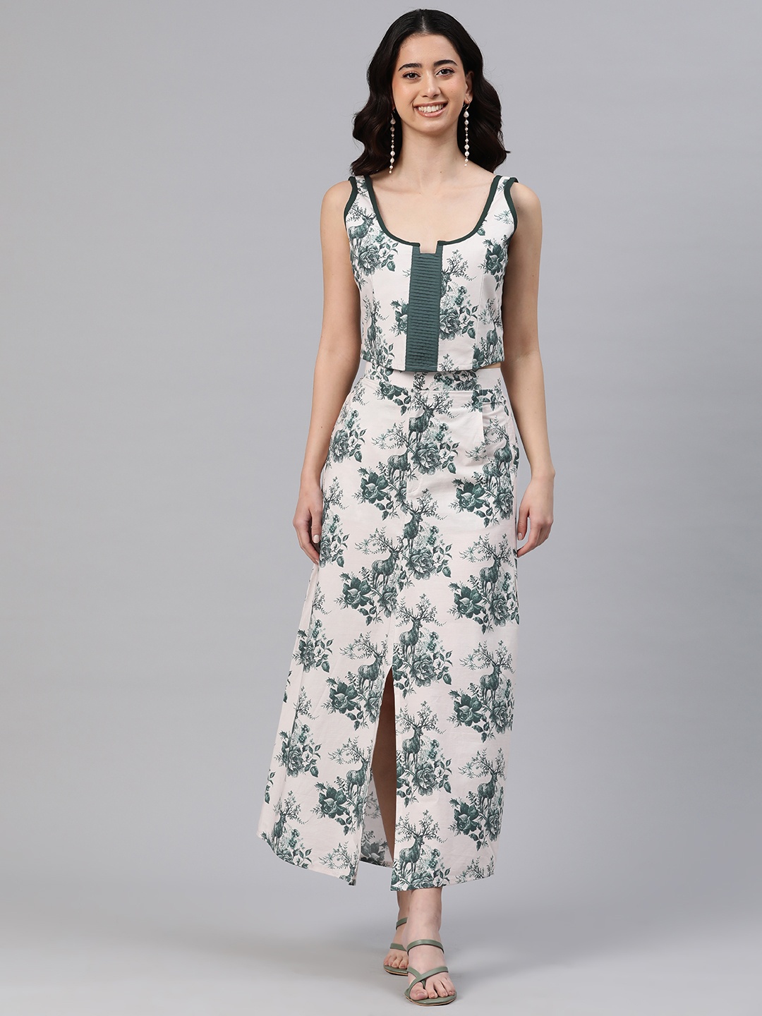 

BUTA BUTI Floral Printed Pure Cotton Top with Skirt, White