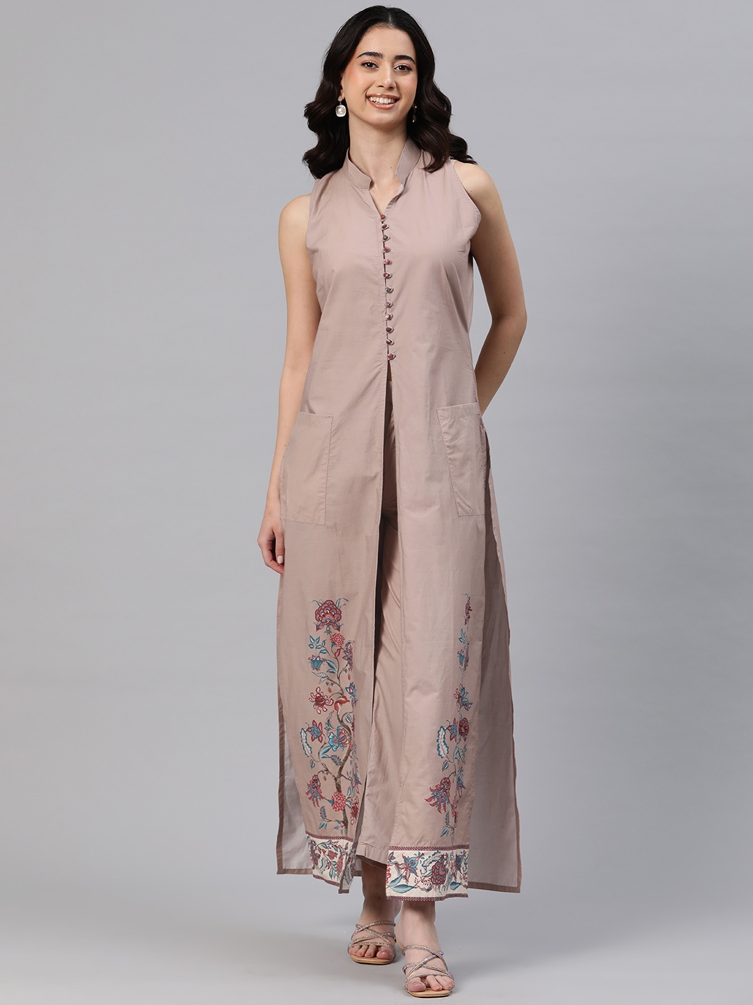 

BUTA BUTI Floral Printed High Slit Pure Cotton Kurta with Trousers, Taupe