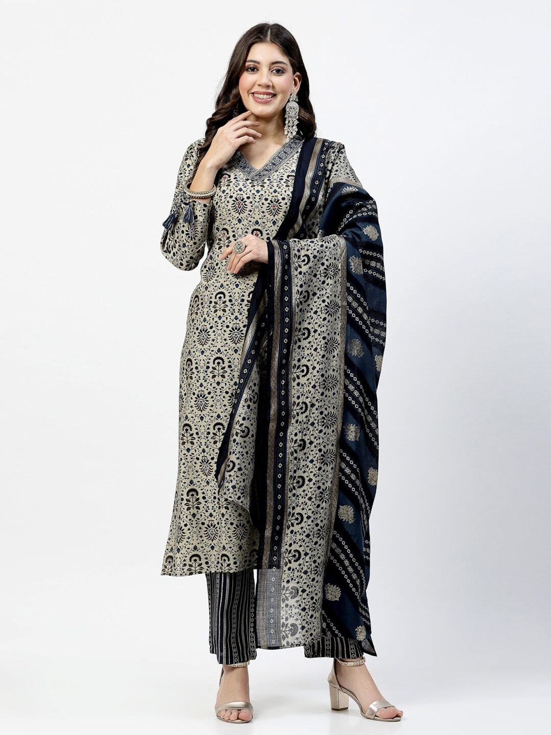 

YELLOW CLOUD V Neck Embroidered Printed Straight Kurta With Trouser & Dupatta, Beige