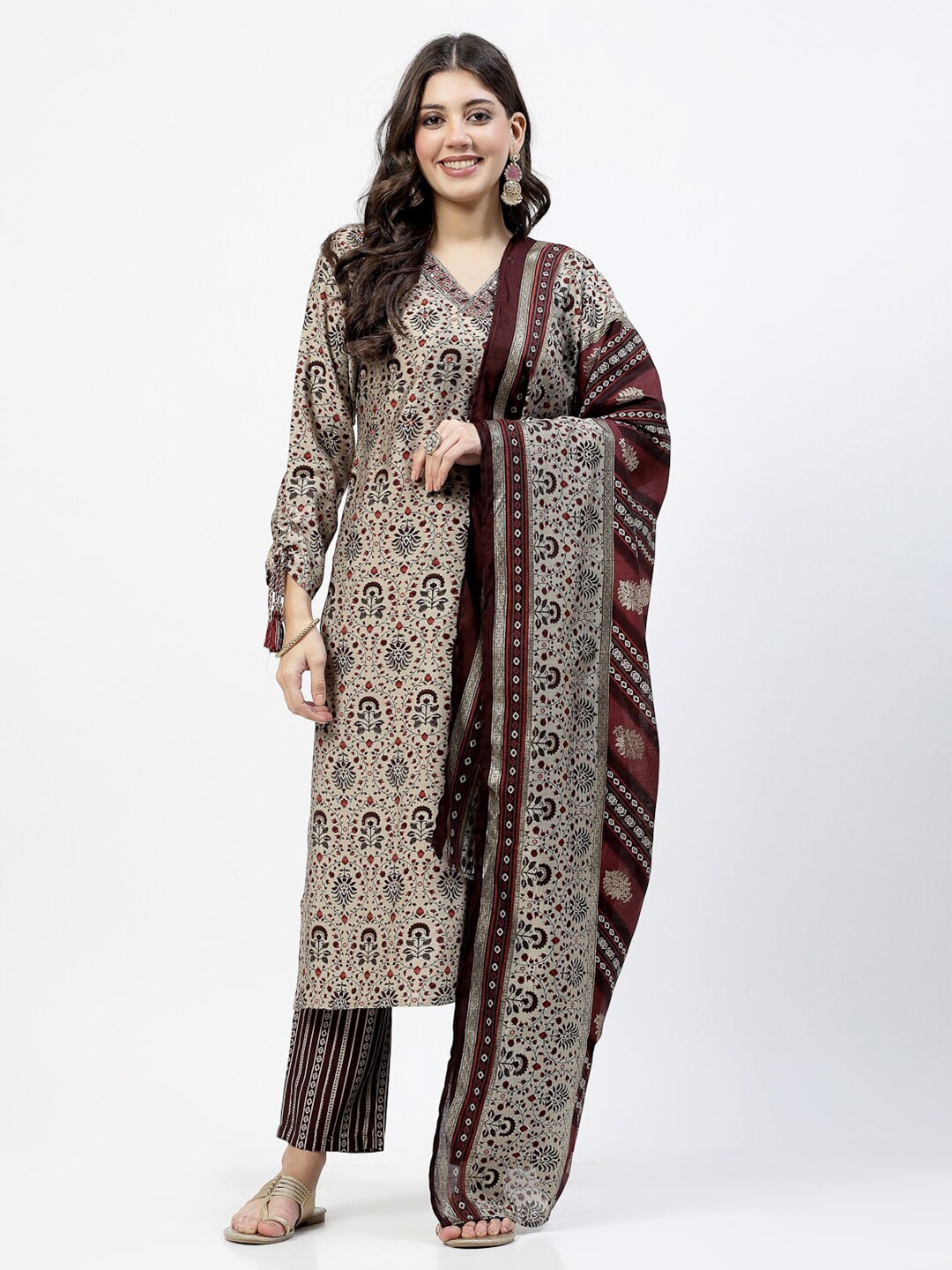 

YELLOW CLOUD Embroidered Straight Kurta with Trouser & With Dupatta, Brown
