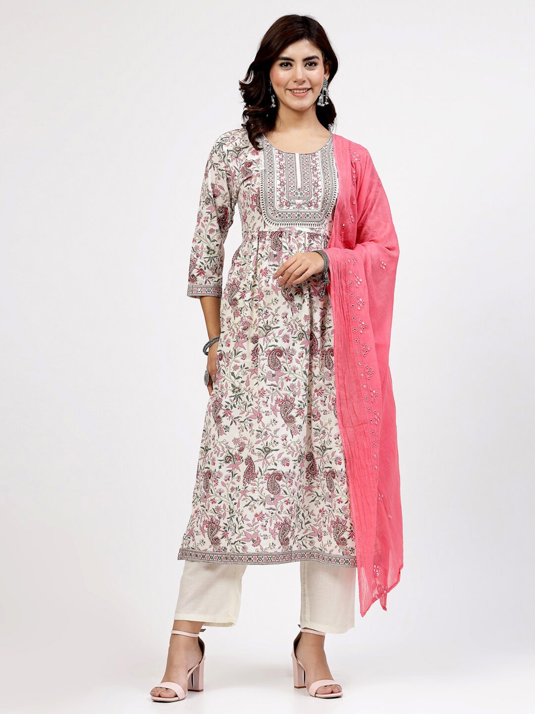 

YELLOW CLOUD Embroidered Pure Cotton A Line Kurta with Trouser & Dupatta, Pink