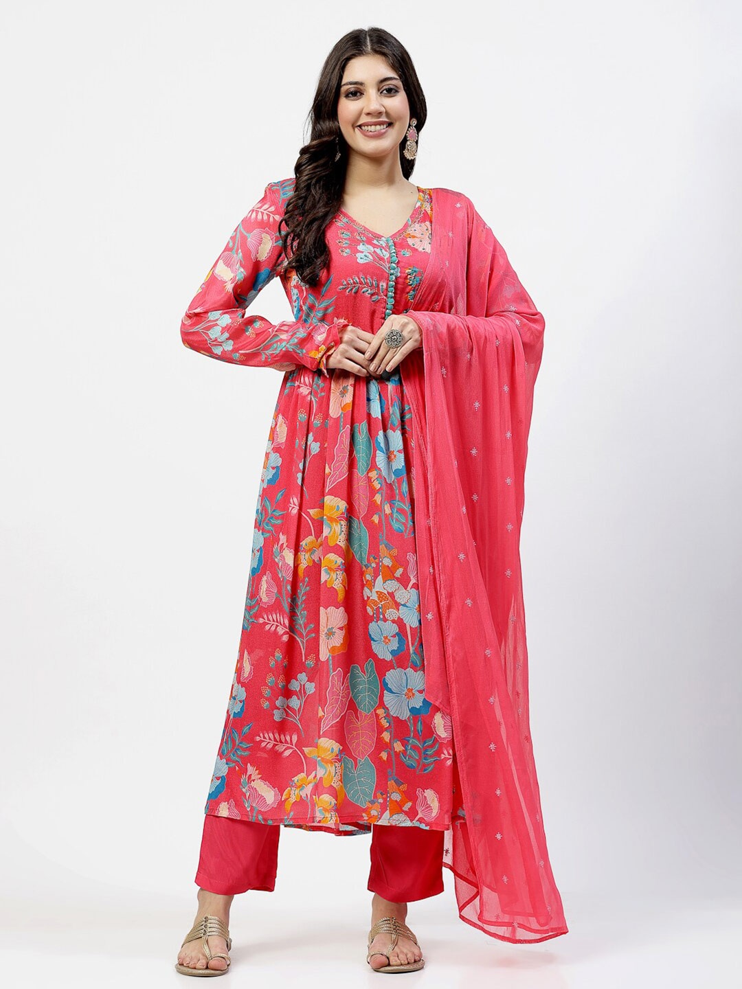 

YELLOW CLOUD Floral Printed Anarkali Kurta with Trouser & Dupatta, Peach