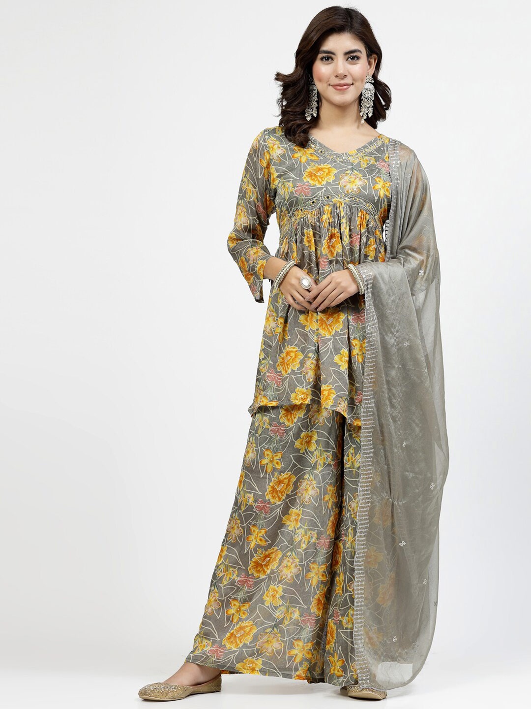

YELLOW CLOUD Floral Printed A Line Kurta with Palazzo & Dupatta, Grey