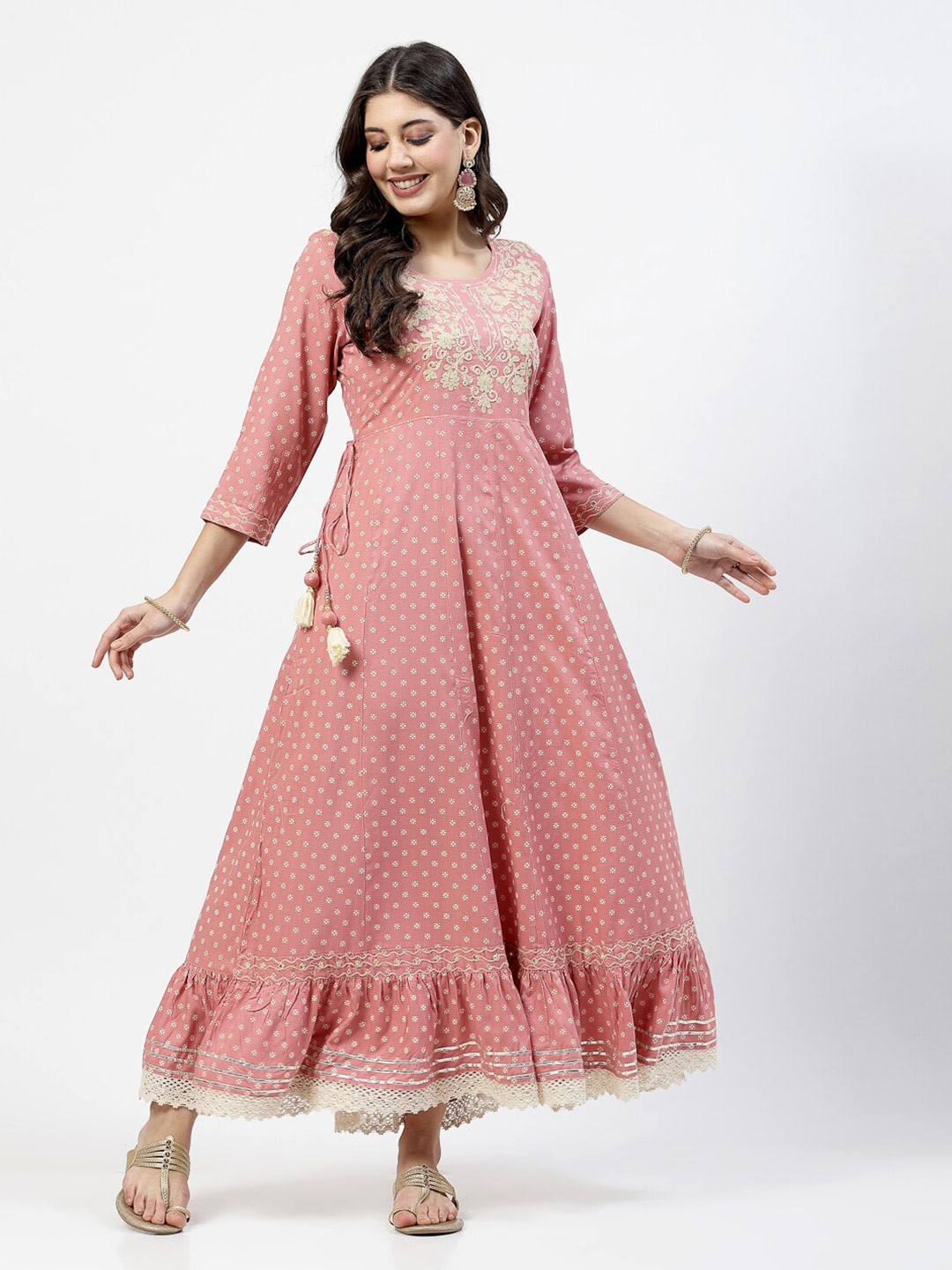 

YELLOW CLOUD Printed & Embroidered Gown Ethnic Dress, Peach