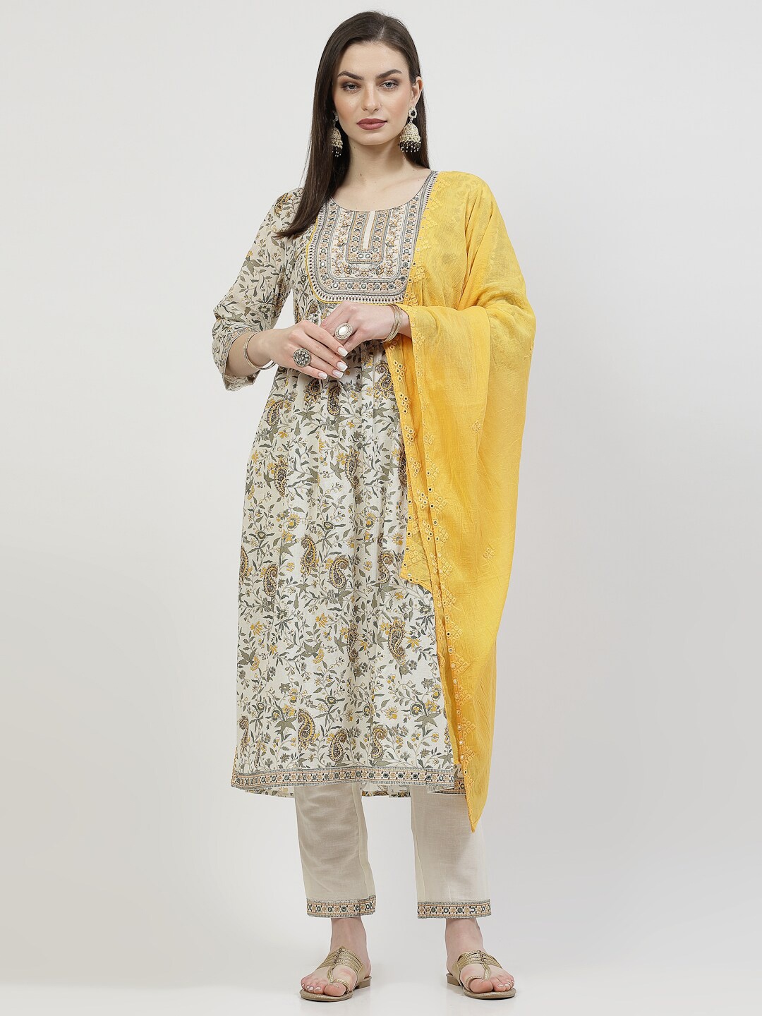

YELLOW CLOUD Floral Printed A Line Mirror Work Pure Cotton Kurta with Trouser & Dupatta, Mustard