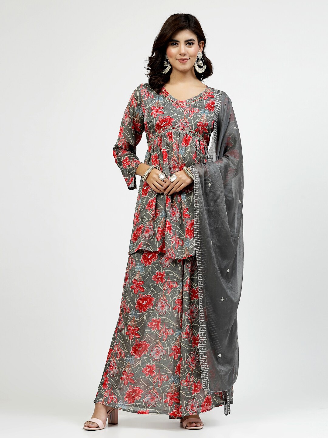 

YELLOW CLOUD Floral Printed A Line Thread Work Kurta with Palazzo & Dupatta, Grey