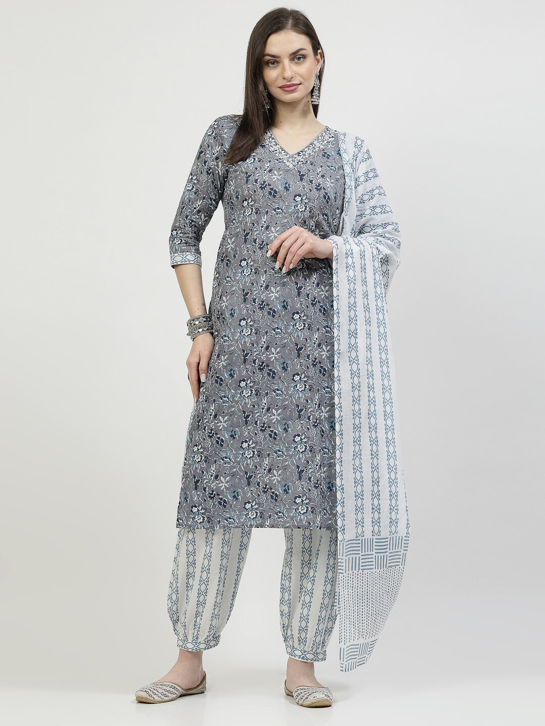 

YELLOW CLOUD Floral Printed Mirror Work Pure Cotton Straight Kurta With Salwar & Dupatta, Blue