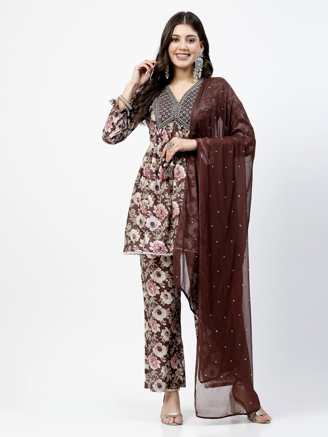 

YELLOW CLOUD Floral Printed Thread Work A Line Kurta with Trouser & Dupatta, Brown
