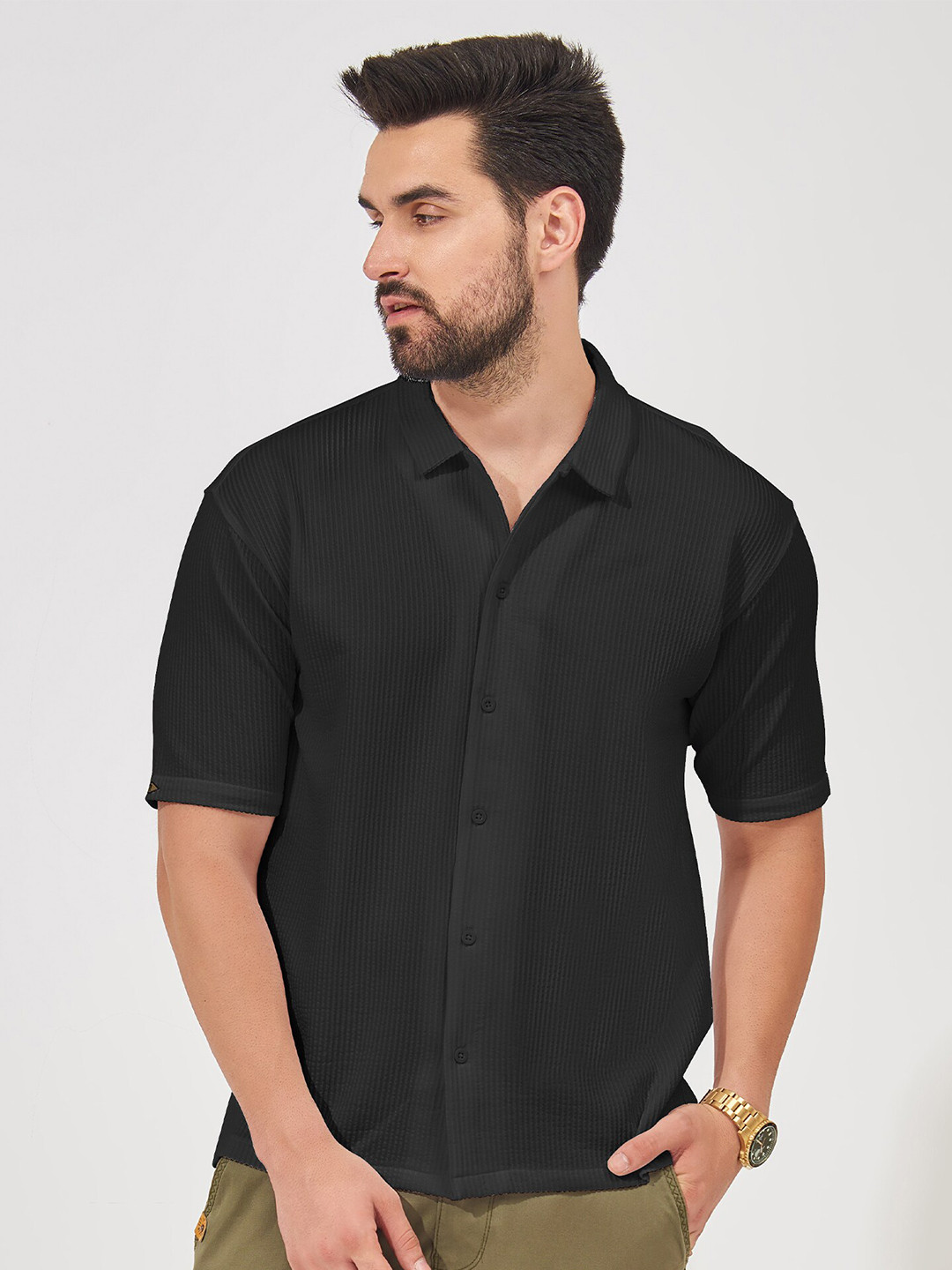 

Maniac Oversized Cotton Spread Collar Opaque Casual Shirt, Black