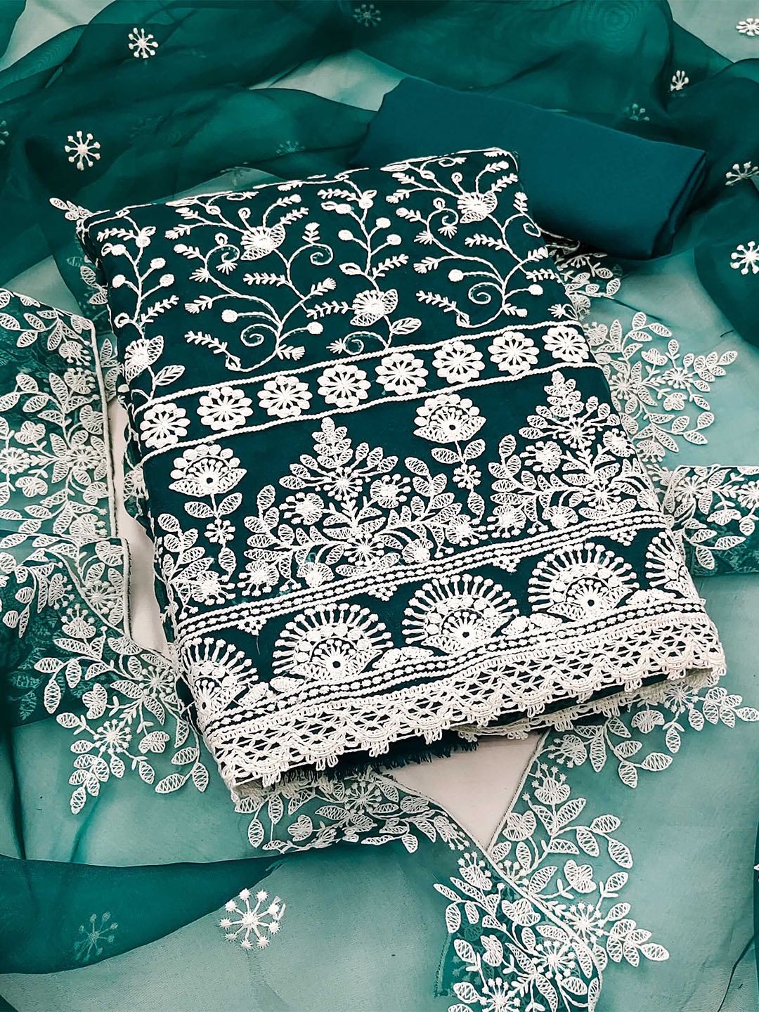 

KALINI Floral Embroidered Organza Unstitched Dress Material, Teal
