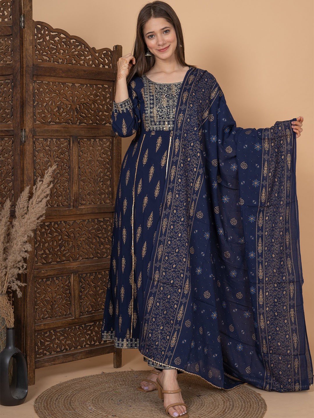 

MEERA FAB Ethnic Motifs Printed Anarkali Kurta With Palazzo & Dupatta, Blue