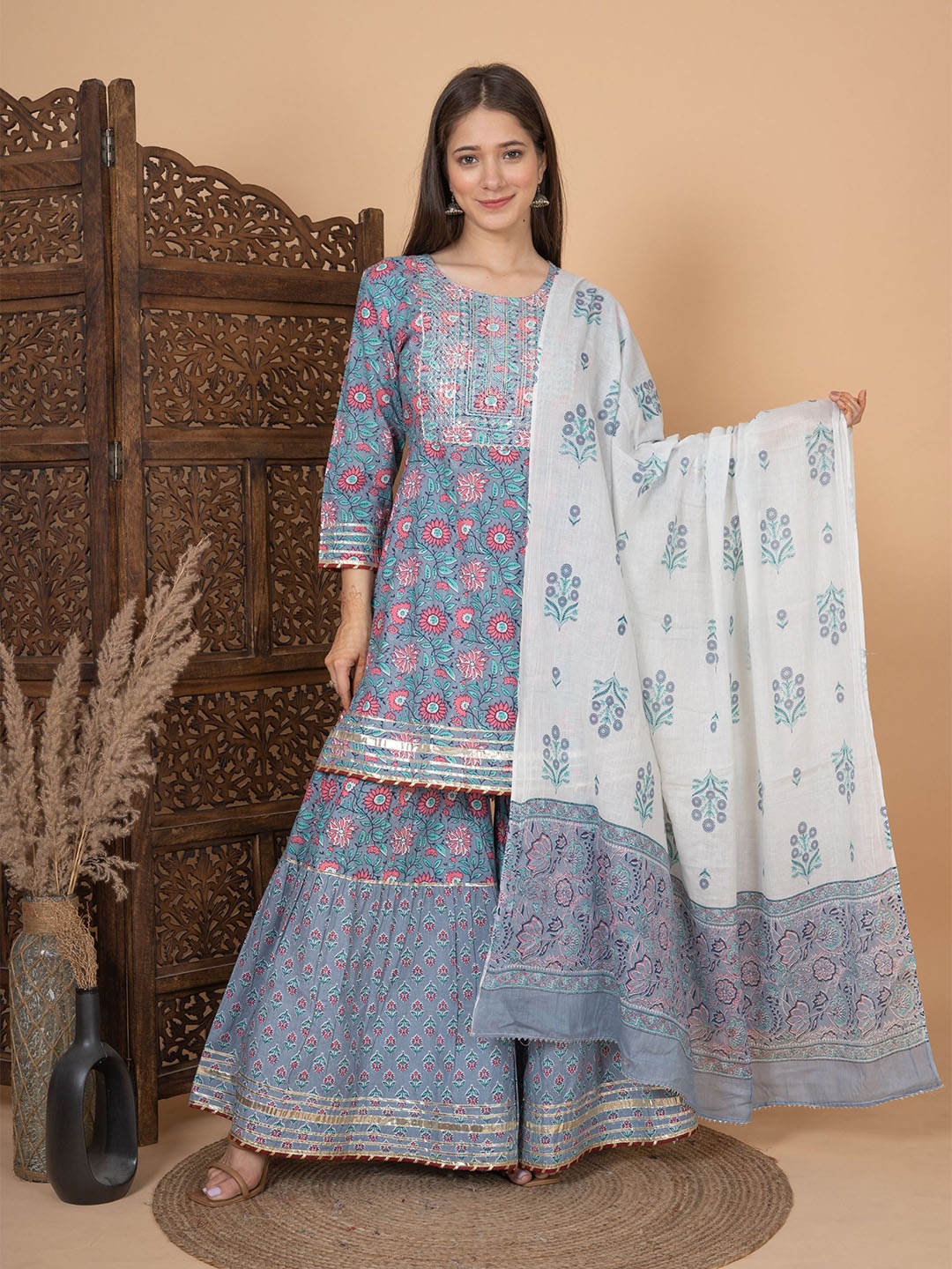 

MEERA FAB Floral Printed Gotta Patti Pure Cotton Kurta With Sharara & Dupatta, Grey