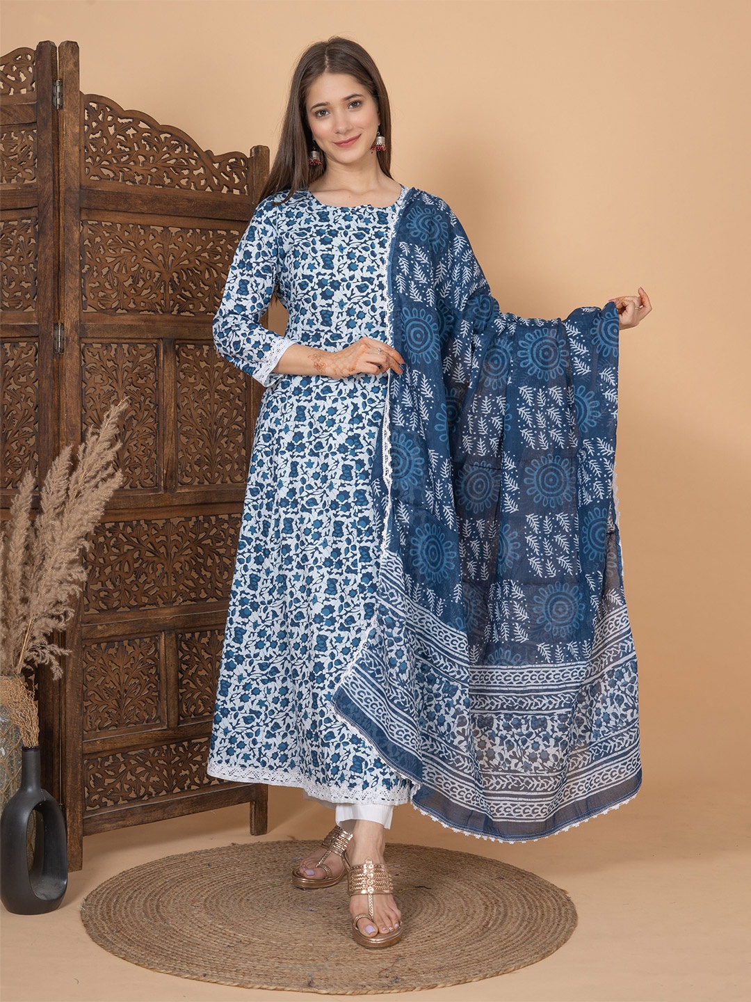 

MEERA FAB Floral Printed Thread Work Pure Cotton Anarkali Kurta With Palazzo & Dupatta, Blue