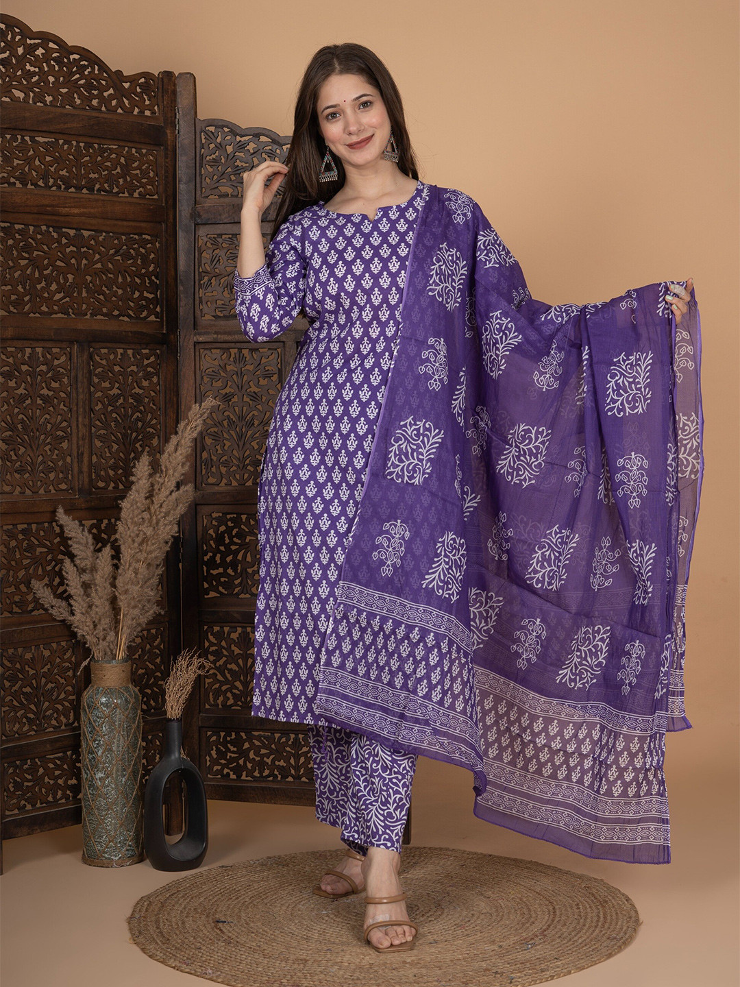 

MEERA FAB Floral Printed Pure Cotton Kurta With Palazzo & Dupatta, Purple