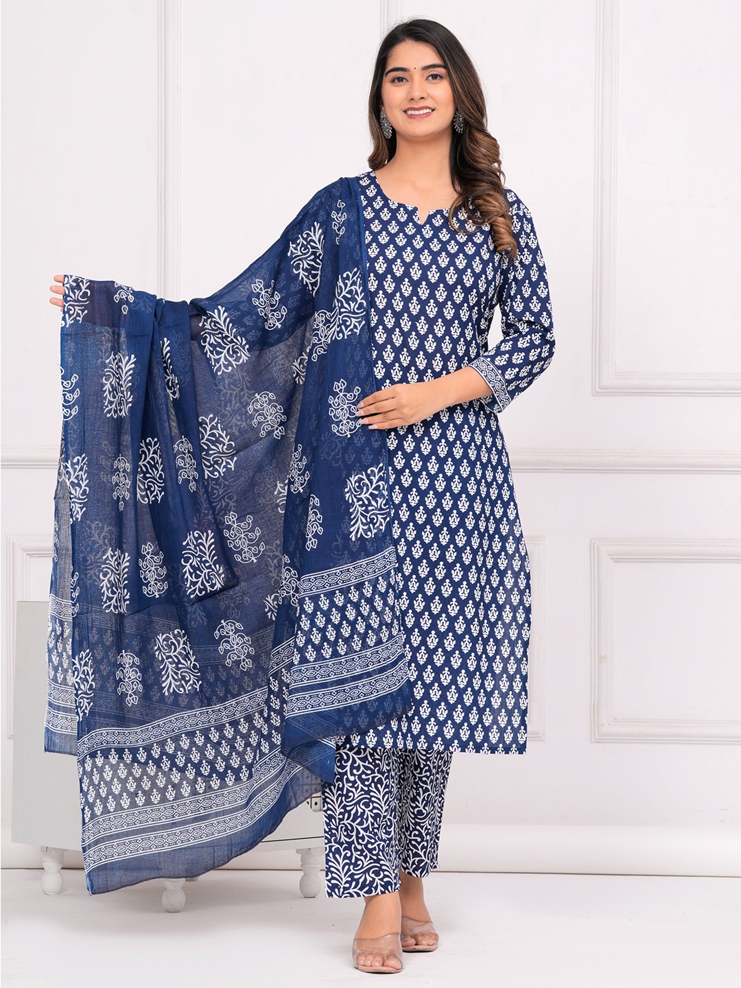 

MEERA FAB Floral Printed Pure Cotton Kurta With Palazzo & Dupatta, Blue