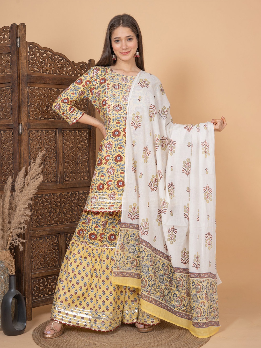 MEERA FAB Floral Printed Gotta Patti Pure Cotton Anarkali Kurta With Sharara & Dupatta, Yellow