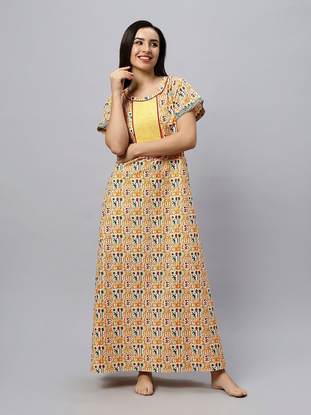 

ETC Floral Printed Pure Cotton Maxi Nightdress, Yellow