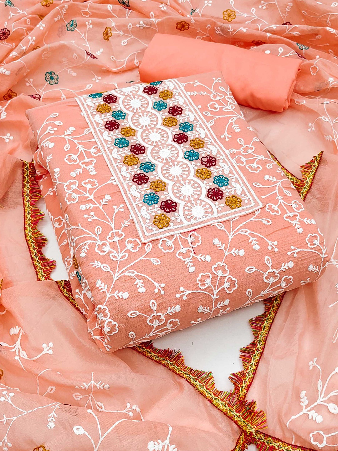 

KALINI Floral Embroidered Unstitched Dress Material, Peach