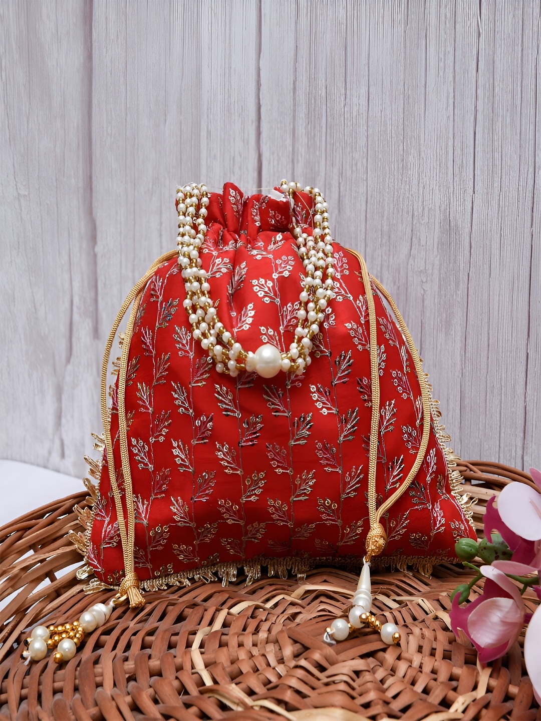 

Kuber Industries Red 4 Pieces Printed Potli Shape Jewellery Organisers