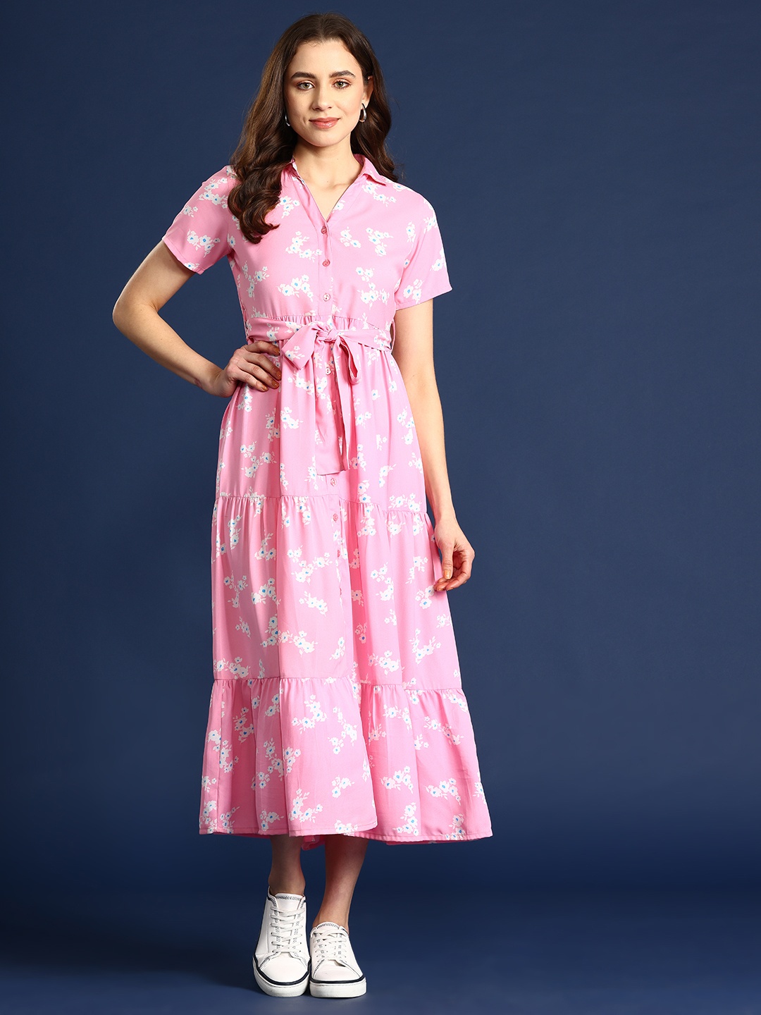 

Mast & Harbour Floral Print Tiered Shirt Midi Dress with Belt, Pink