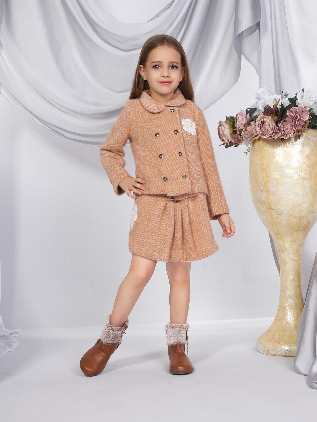 

Peppermint Girls Self Design Shirt Collar Coat With Skirt, Beige